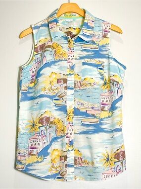 BODEN Resort Sleeveless Blouse Seaside Coastal Vacation Button Up Size 8R *Flaw*